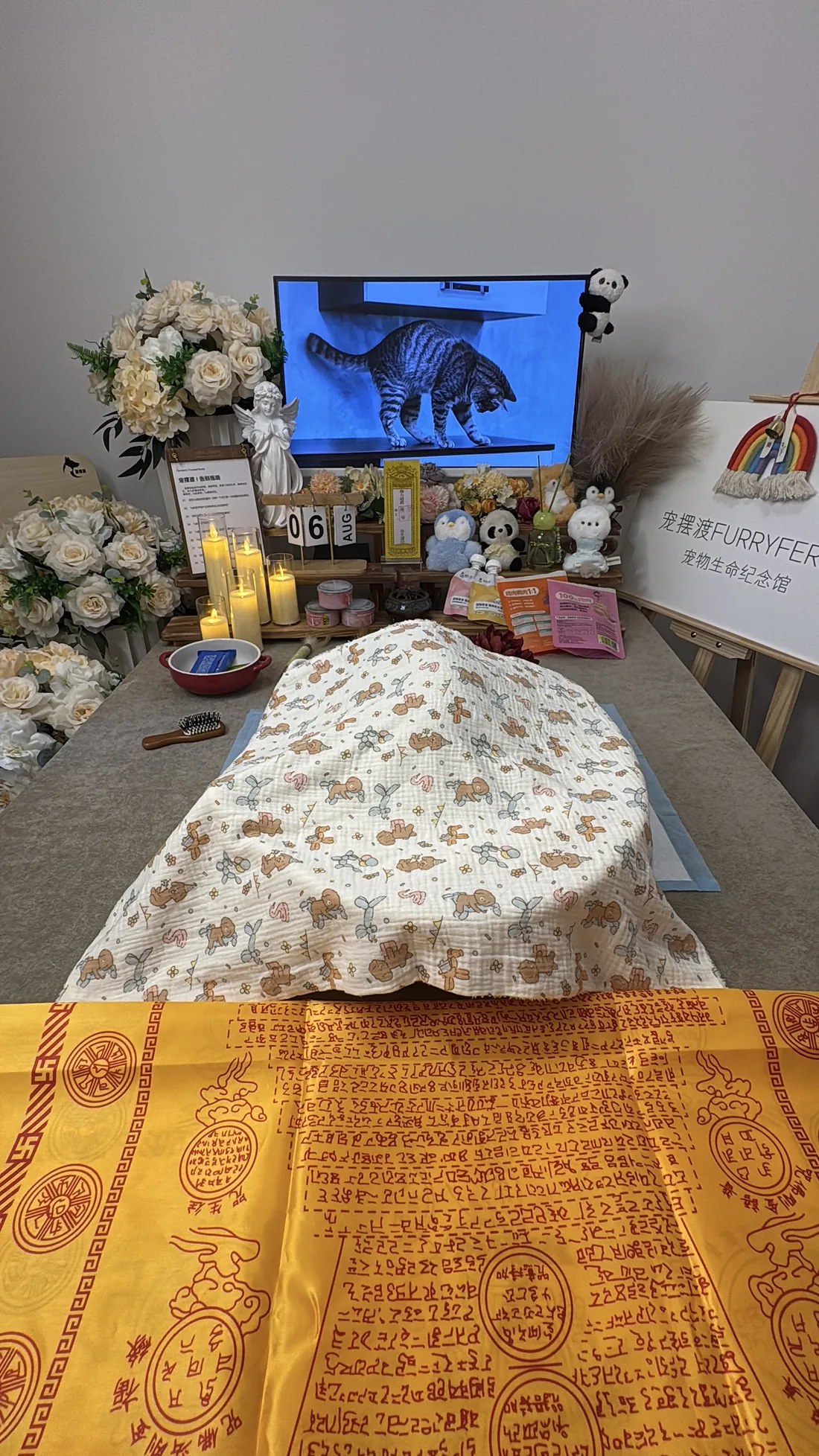 南京宠物告别仪式中的鲜花与纪念照片
